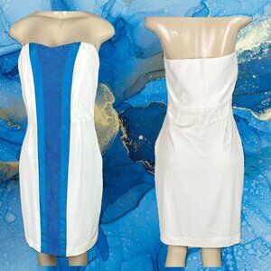 By Smith 8 White Silk Lined Blue Center Accent Zip Strapless Mini Cocktail Dress